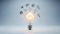 Glowing light bulb with business icons representing innovation, creativity, and strategic thinking for corporate solutions and entrepreneurship.