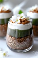 Layered dessert in glass with granola base, matcha green tea mousse, white cream, caramel drizzle and delicate white flowers, food photography on light background.