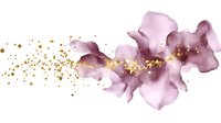 Delicate pink watercolor flowers with gold glitter splatter on white background, flowing abstract floral composition with sparkle effect for wedding design.