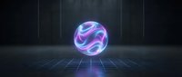 Glowing neon sphere with swirling magenta and cyan patterns floating above digital grid floor in dark futuristic space for tech and gaming designs.