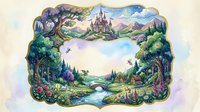 Watercolor fantasy landscape frame with castle, fairy forest, bridge, and flowers, featuring a blank center space for text or design.