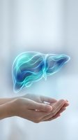 Glowing holographic liver organ floating above cupped hands representing hepatology, medical care, organ health and healthcare technology concepts.