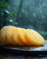 Fresh sliced yellow pear arranged in overlapping pattern on dark surface with rain drops and moody atmosphere, natural lighting creates dramatic food photography scene.