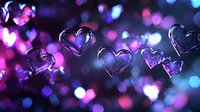 Glowing purple and blue heart shapes floating on dark background with bokeh lights creating romantic atmosphere for Valentine's Day designs and love themes.