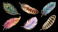 Feathers isolated on transparent background, ready for t-shirt design, clipart, stickers, sublimation and print-on-demand projects. Six decorative feathers in various colors and styles.