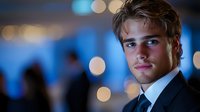 Young Caucasian male professional in formal business attire with styled blonde hair, wearing a dark suit and tie, positioned against blurred urban nighttime background with bokeh lighting effects. Suitable for corporate, business, finance, leadership, and professional development concepts.
