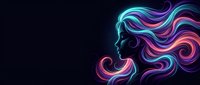 Neon glowing woman silhouette with flowing colorful hair in vibrant pink, blue and purple hues against dark background for modern digital art projects.
