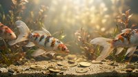 Colorful koi fish swimming in shallow water with aquatic plants and golden sunlight creating peaceful underwater scene for aquarium and nature themes.