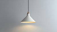 Minimalist white pendant lamp with wooden accent and warm glow against neutral gray wall, perfect for modern interior design.