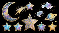 Celestial night sky elements with crescent moon, shooting star, and decorative stars in gold and blue watercolor style, isolated on transparent background for t-shirt design, clipart, stickers, sublimation and print-on-demand projects.