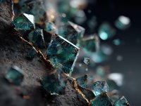 Macro view of raw emerald crystals growing in dark rock matrix with natural golden veins, showcasing gemstone formation in geological environment.
