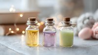Three small glass bottles with cork stoppers containing yellow, purple, and green liquids on marble surface with soft bokeh lights and pastel decorations in background.
