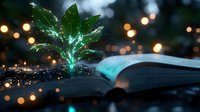 Open book with glowing green plant sprouting from pages, surrounded by bokeh lights and sparkles, symbolizing knowledge, growth, learning, education, and innovation in dark setting.
