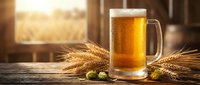 Fresh golden beer mug with foam on rustic wooden table surrounded by wheat stalks and hops in warm sunlit brewery setting for Oktoberfest celebration.