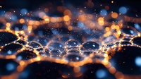 Glowing water drops on spider web with golden bokeh lights and blue sparkles in dark macro photography, creating magical nature atmosphere.