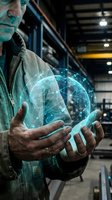 Engineer holding glowing digital globe with network connections in industrial warehouse setting, representing global technology and connectivity solutions.
