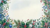Festive botanical frame with ornaments, berries, and evergreen branches on cream background, ideal for holiday cards, invitations, and seasonal design projects.