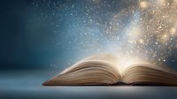 Magical open book with glowing sparkles and light rising from pages against dark blue background, creating mystical atmosphere for fantasy and education concepts.