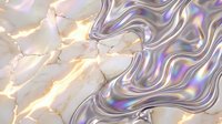 Holographic liquid metal waves flowing over cracked marble surface with iridescent rainbow reflections and golden light effects for modern design.