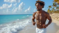 Young athletic man with brown curly hair and medium skin tone jogging shirtless on tropical beach with turquoise ocean waves and sandy shore, fitness and wellness lifestyle concept.