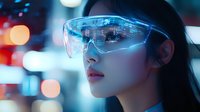 Young Asian woman wearing futuristic smart glasses with holographic display against blurred city lights background, representing advanced technology and augmented reality.