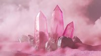 Pink crystal quartz points emerging from misty ground against rosy background, creating mystical healing atmosphere for wellness and spiritual designs.