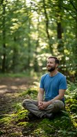 Man with beard sitting in meditation pose on forest floor surrounded by green trees and dappled sunlight, suitable for wellness, mindfulness and outdoor lifestyle content.