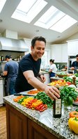Middle-aged Caucasian man chef preparing fresh vegetables in modern commercial kitchen with skylights and granite countertops for culinary cooking.