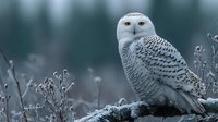 Majestic snowy owl perched on frost-covered branch in winter landscape. Arctic bird of prey with distinctive white plumage and piercing yellow eyes in natural habitat.