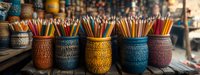 Colorful wooden pencils in decorative ceramic holders arranged on rustic wooden surface, creating artistic workspace atmosphere for creative projects and art supplies.