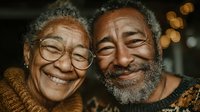 Happy elderly African American couple embracing and smiling warmly together in cozy indoor setting with soft bokeh lights creating intimate atmosphere.