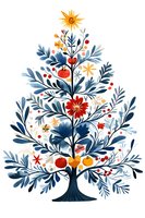 Watercolor folk art tree with navy blue leaves, red flowers, and orange fruits on white background, decorative botanical illustration for seasonal cards.