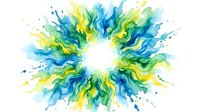Vibrant watercolor ink splashes in blue, yellow, and green tones radiating from white center, creating dynamic circular burst pattern for creative design projects.