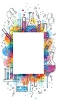 Colorful chemistry laboratory equipment frame with test tubes, beakers and flasks in watercolor style with blank white space for text or design elements.
