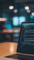 Laptop displaying programming code on screen in modern office environment with blurred city lights background for web development projects.
