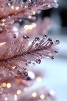 Delicate crystalline branches with water droplets catching golden light bokeh, creating magical winter atmosphere in soft pink and white tones. Perfect for holiday designs.