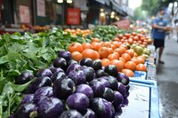 Fresh purple eggplants and orange tomatoes displayed at outdoor farmers market vegetable stand with green leafy vegetables for healthy organic cooking.