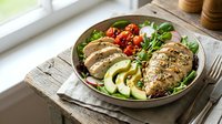 Grilled chicken breast slices with fresh vegetables and greens in bowl, healthy lunch meal for diet and nutrition.