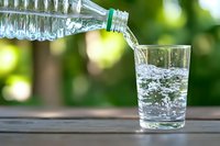 Fresh pure water pouring from plastic bottle into clear glass on wooden surface with green natural bokeh background, showing hydration and refreshment.