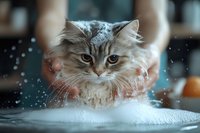 Fluffy long-haired cat getting bathed in sink with soap bubbles and water droplets, close-up portrait showing wet fur and expressive eyes during grooming routine.