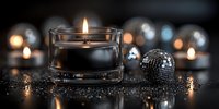 Glowing candle in glass holder with silver disco balls on dark glittery surface creating atmospheric holiday ambiance.