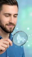 Young Caucasian man examining healthcare data through magnifying glass with medical icons on turquoise background for health analysis concepts.