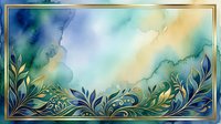 Watercolor abstract landscape with ornamental foliage border, soft blue and golden tones blending into sky, decorative botanical elements framing composition for backgrounds and design projects.
