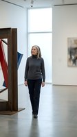 Middle-aged woman with gray hair walking through contemporary art gallery, viewing modern artwork and sculptures in bright, minimalist exhibition space.