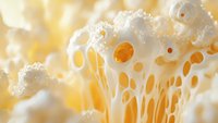 Creamy melted cheese with stretchy texture and golden bubbles, close-up macro photography showing rich dairy food detail.