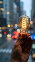 Hand holding glowing vintage Edison bulb with spiral filament against blurred city lights background at dusk for creative business and innovation concepts.