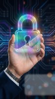 Hand holding glowing neon padlock with colorful gradient lights against digital circuit board background. Cybersecurity and data protection concept.