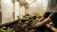 Young woman gardener planting seedlings in greenhouse with natural sunlight streaming through windows, organic farming and sustainable agriculture concept.