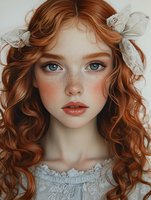 Young woman with natural freckles, blue eyes and flowing red curly hair adorned with lace bows. Soft romantic portrait featuring delicate makeup and vintage-style lace dress.