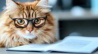 Fluffy ginger Persian cat wearing black-rimmed glasses lying next to open book, looking smart and studious against blurred background.
